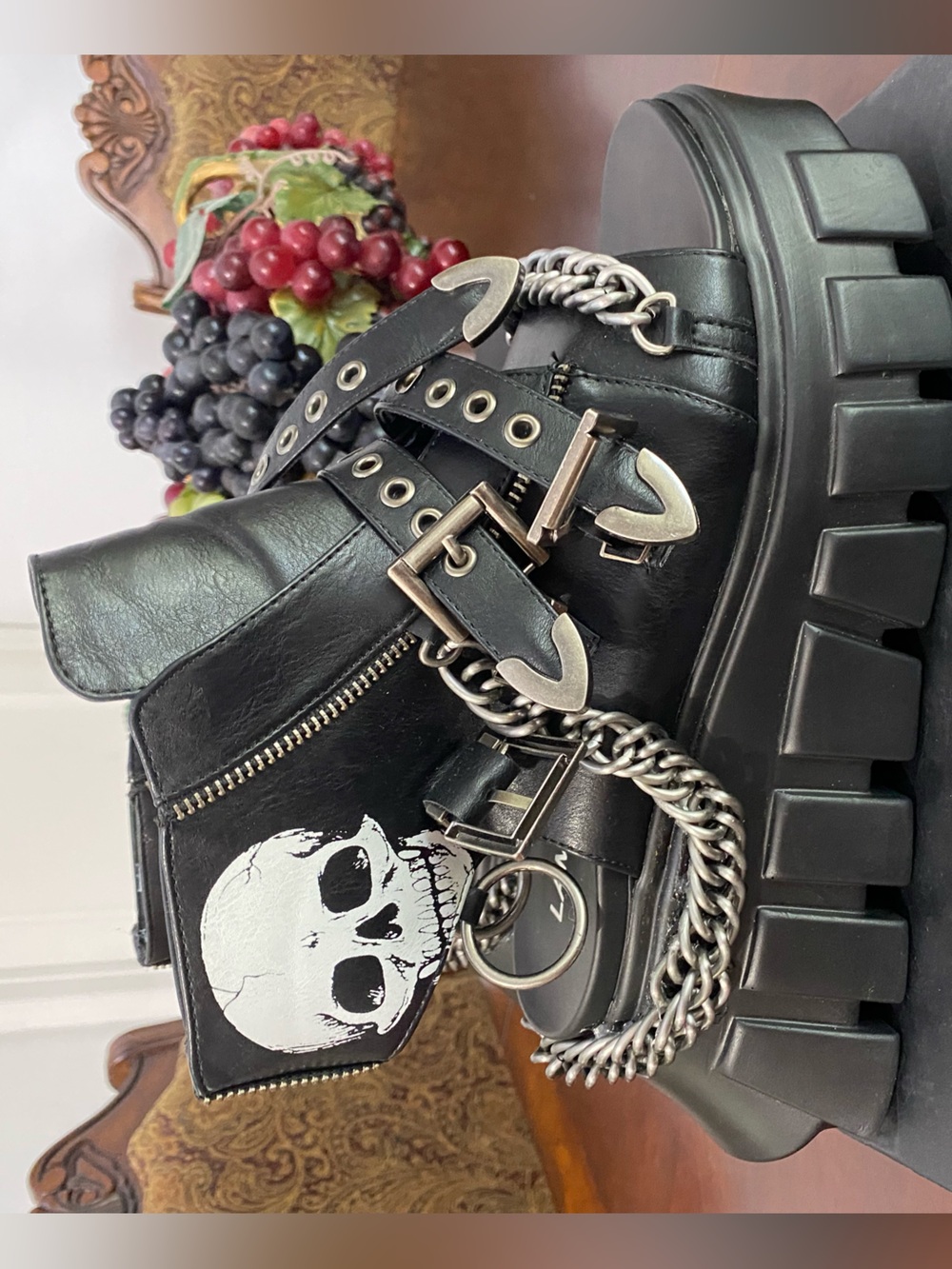 Black Platform Sandals with Skull Accent and Chain Detail